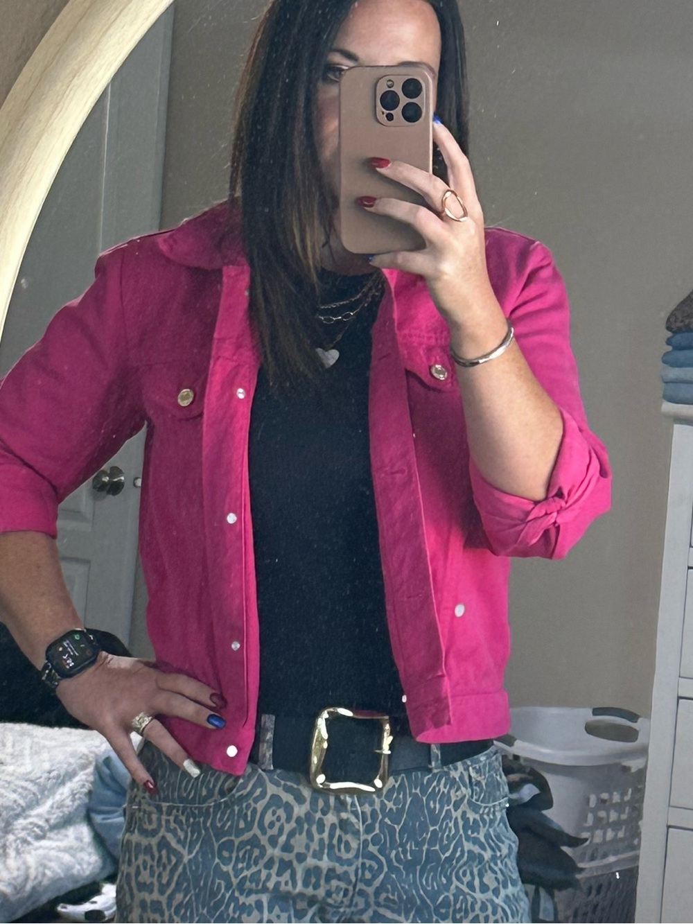 Michael Kors Hot Pink Denim Jacket with Gold-Tone Buttons